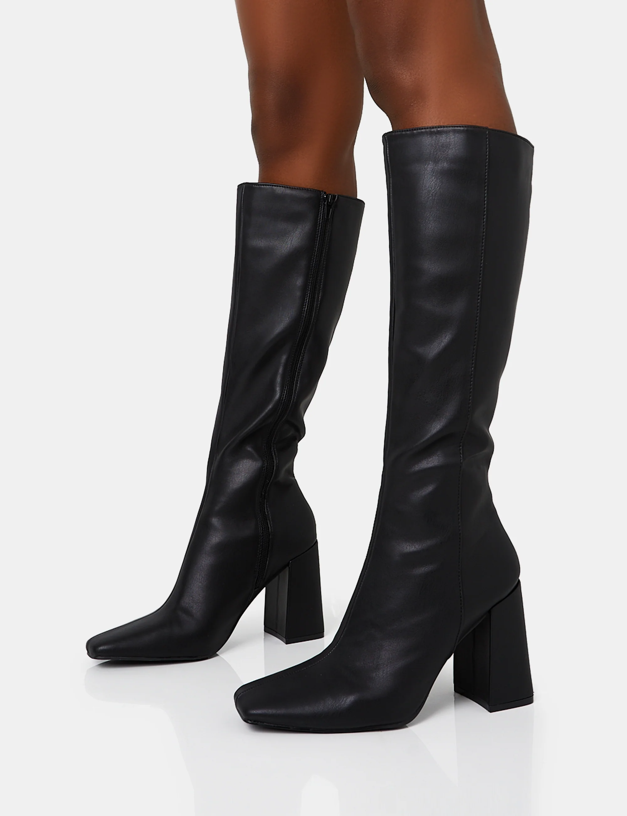 Apology Wide Fit Black Pu Knee High Block Heel Boots - Image 7