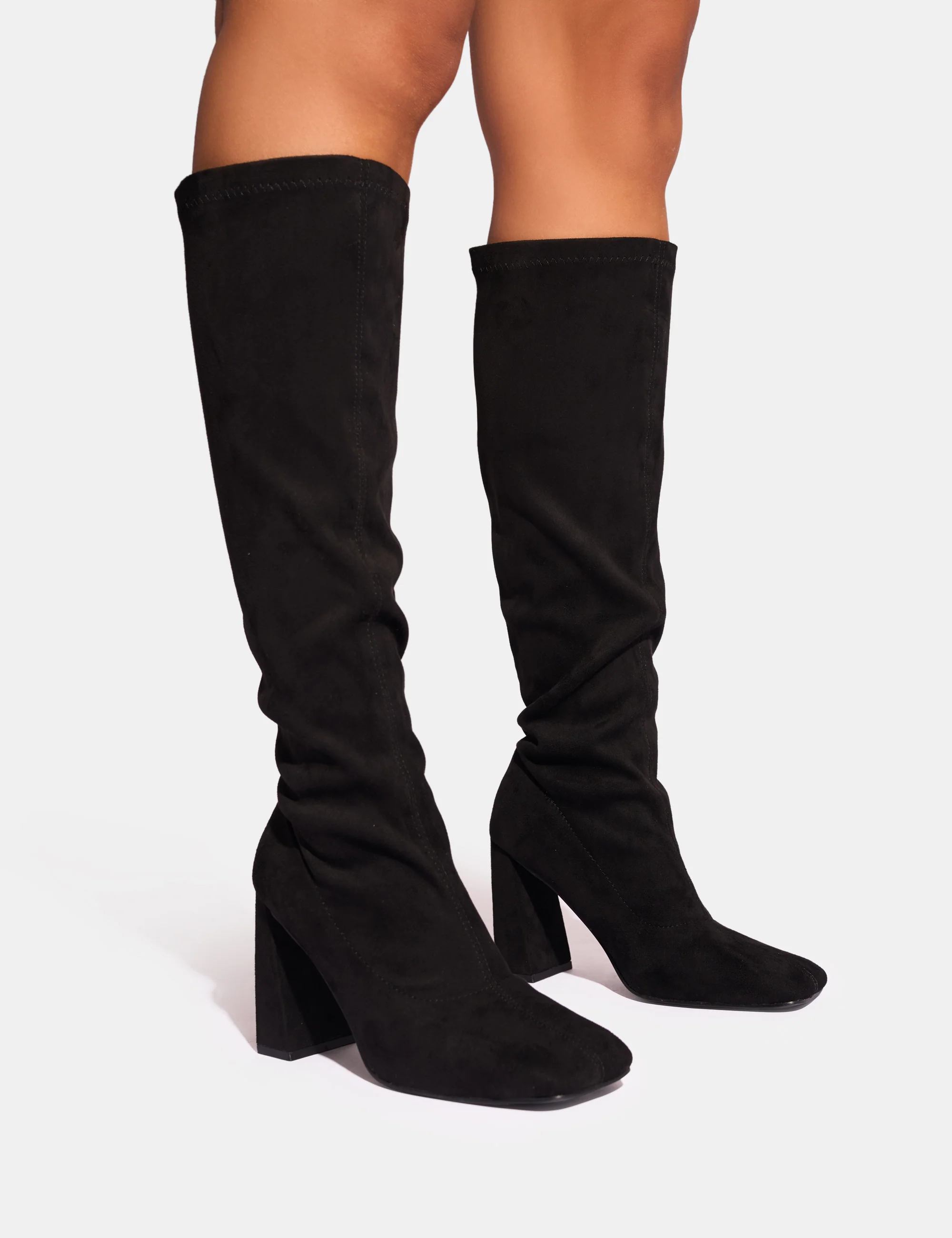 Audrina Black Suede Block Heel Knee High Sock Boots - Image 5