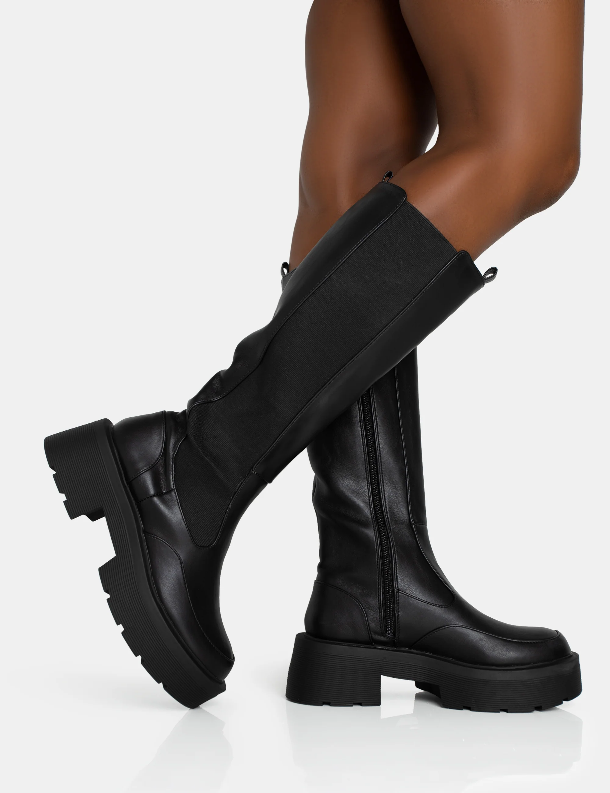 Evergreen Black Knee High Elasticated Detail Chunky Heeled Sole Boots - Image 5
