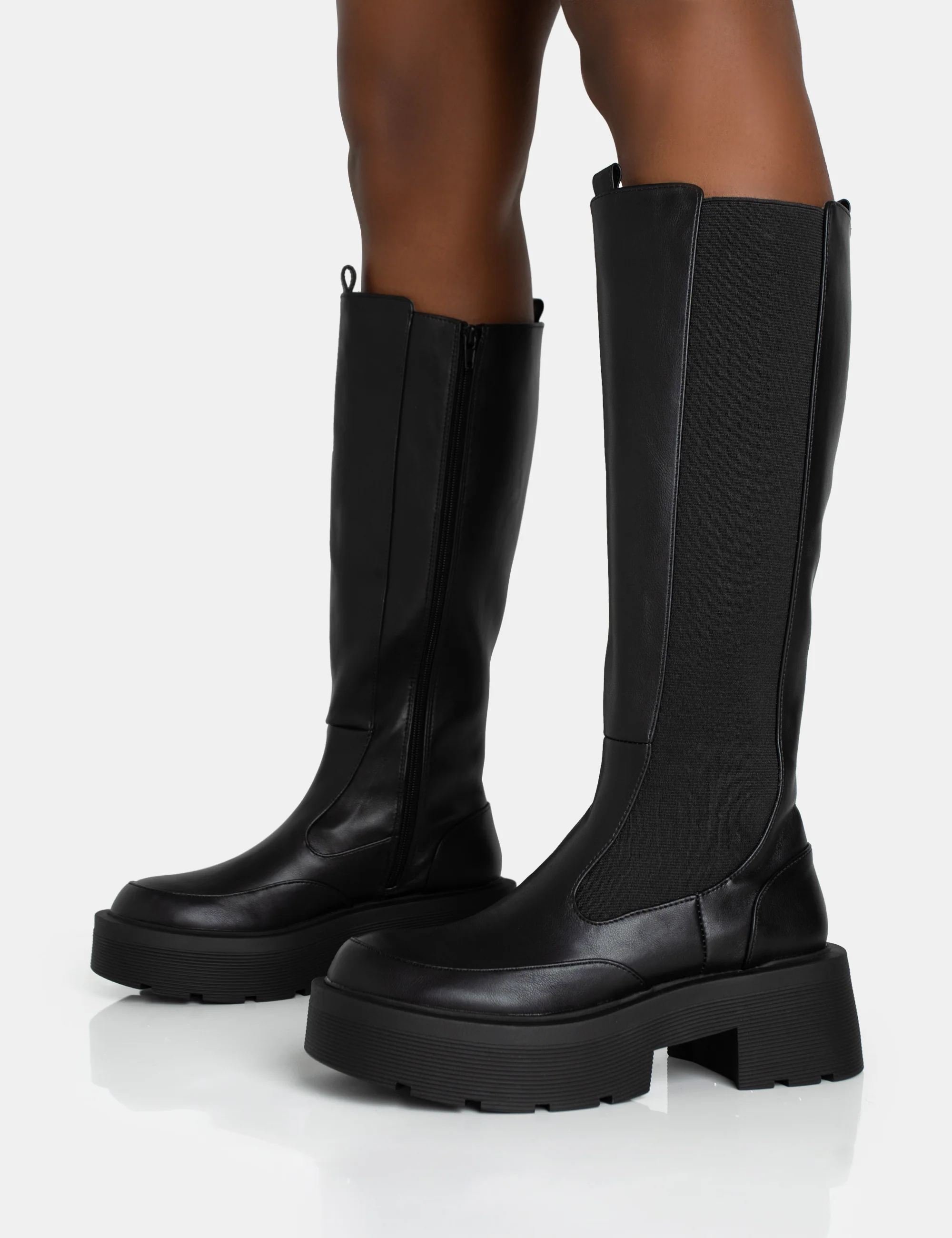 Evergreen Black Knee High Elasticated Detail Chunky Heeled Sole Boots - Image 6