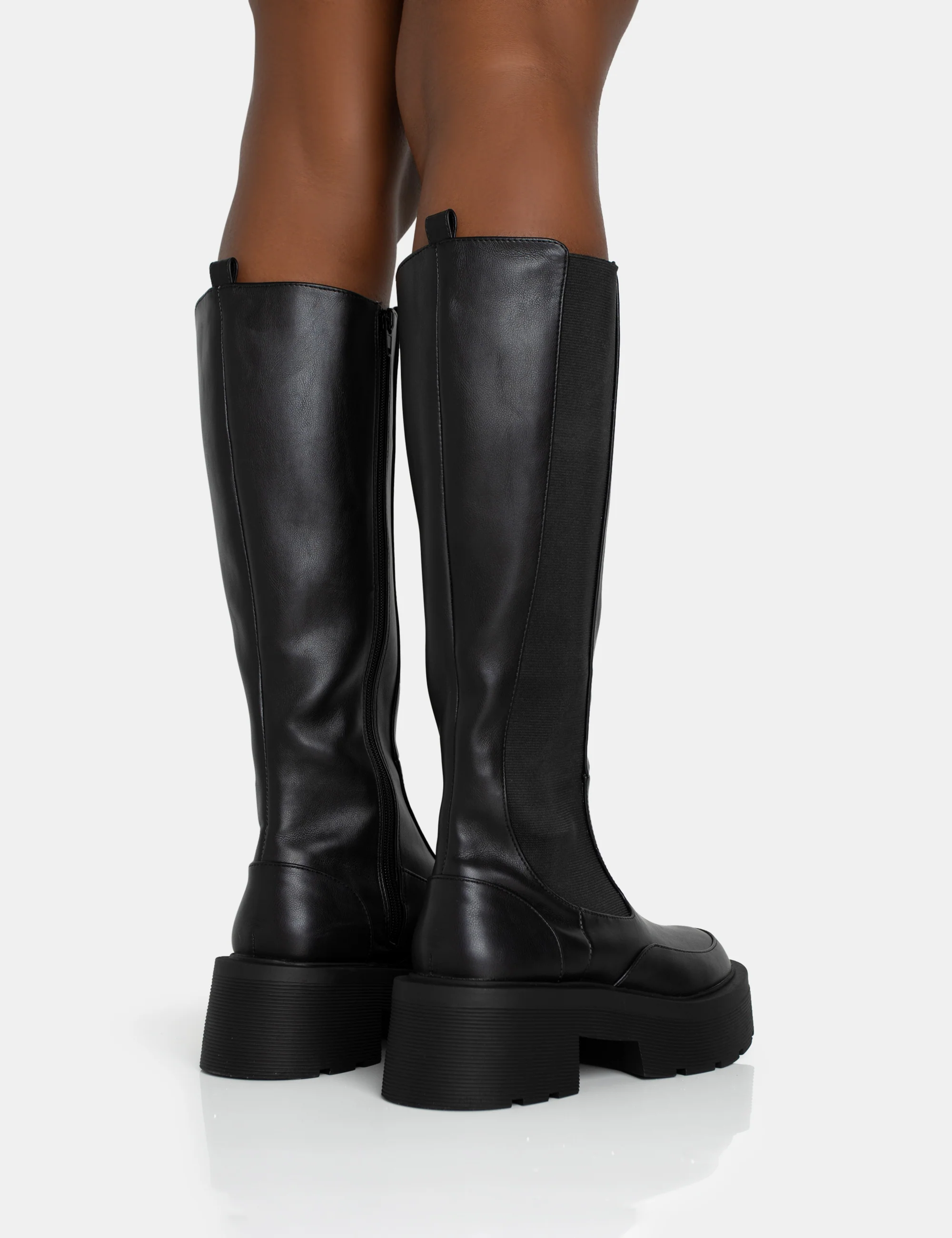 Evergreen Black Knee High Elasticated Detail Chunky Heeled Sole Boots - Image 7