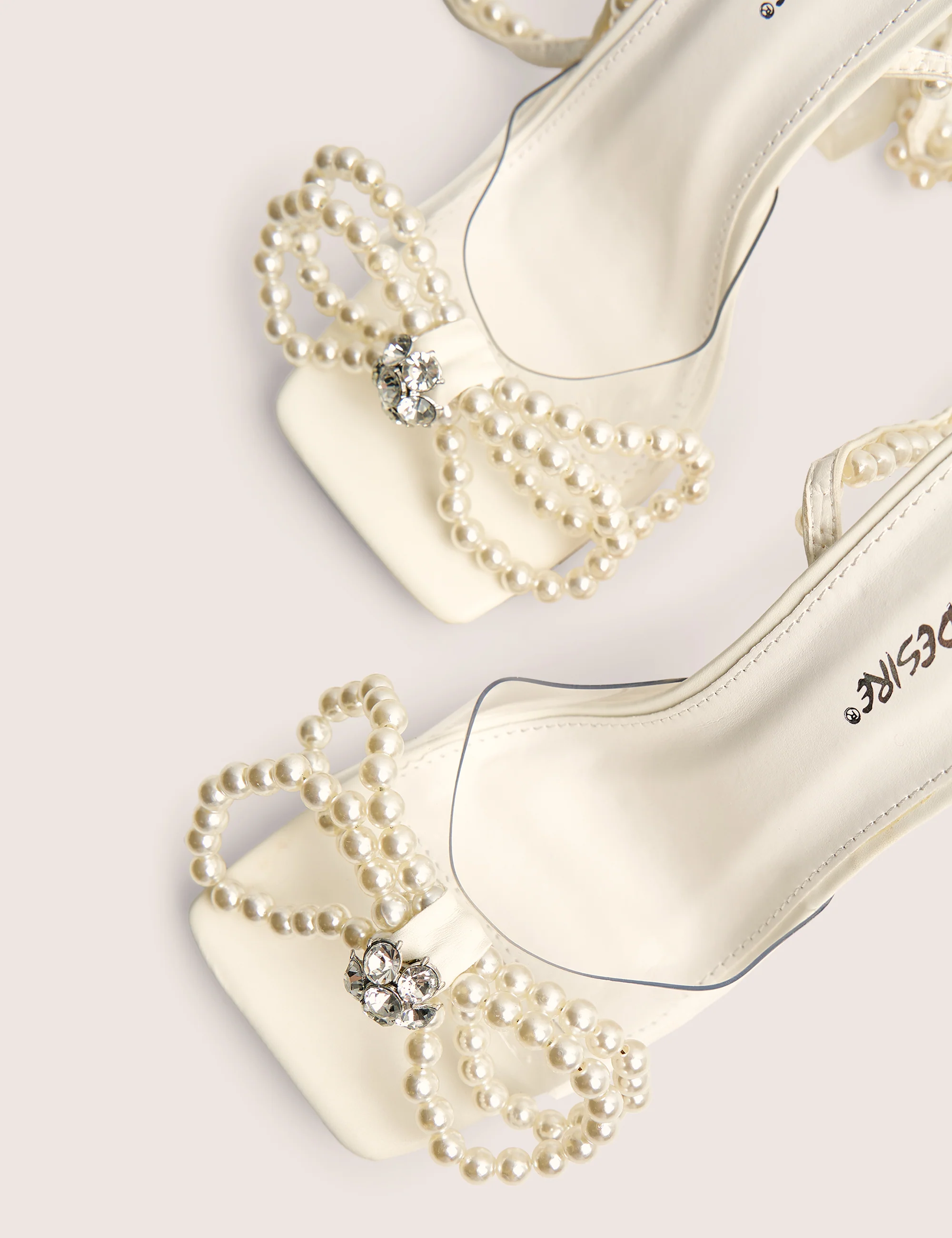 Glimmer White Wrap Around Pearl Detail Bow Square Toe Cake Stand Heels - Image 4