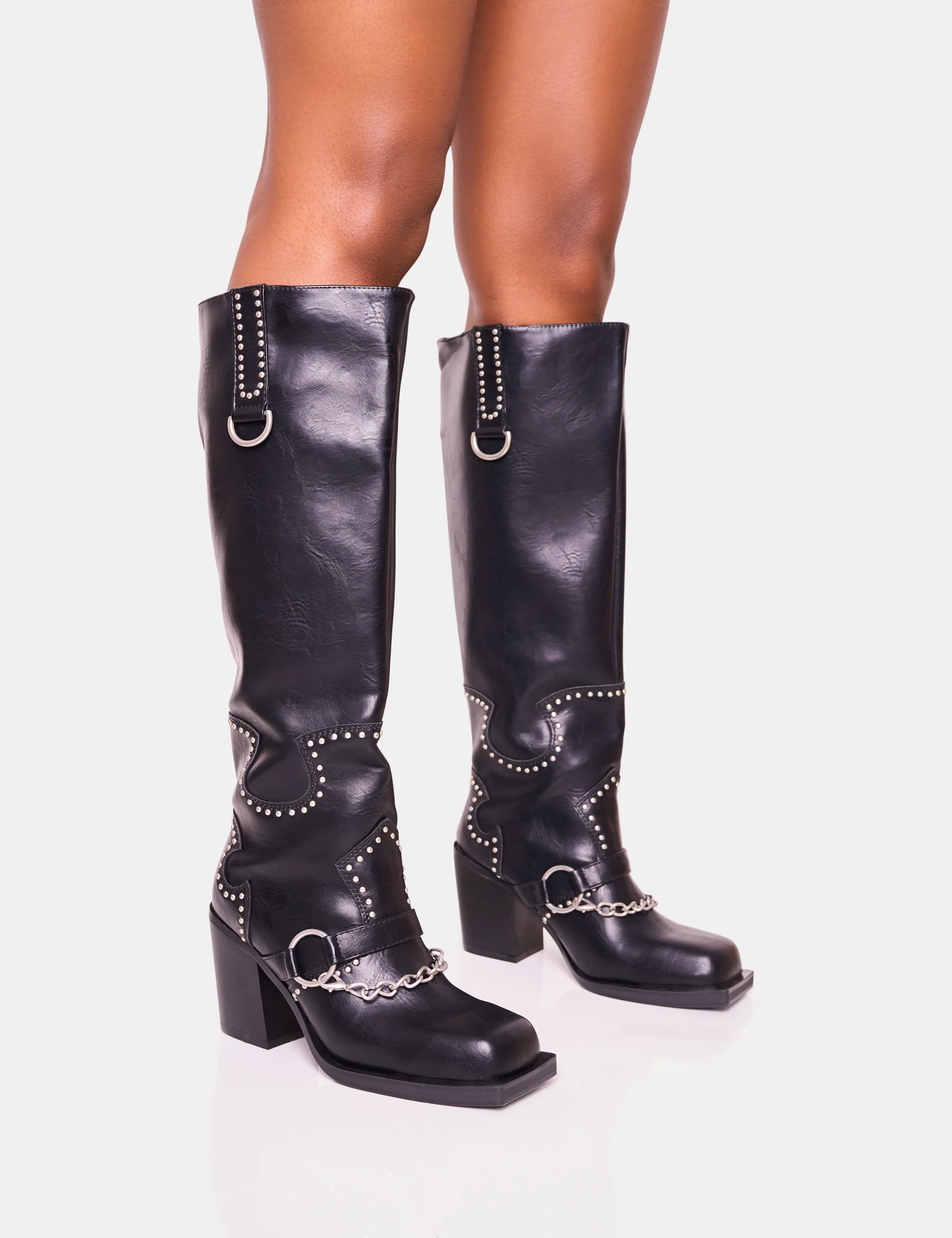 Nashville Wide Fit Black Western Studded Block Heel Knee High Boot - Image 5