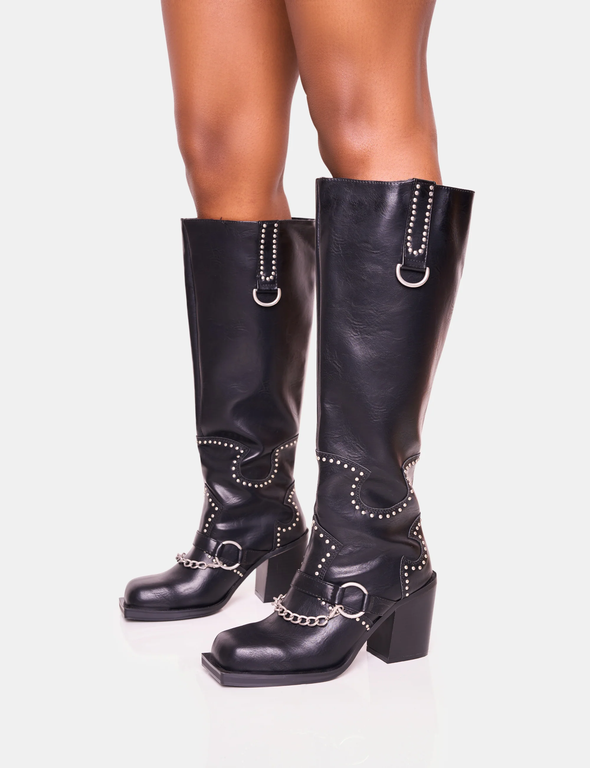 Nashville Wide Fit Black Western Studded Block Heel Knee High Boot - Image 6